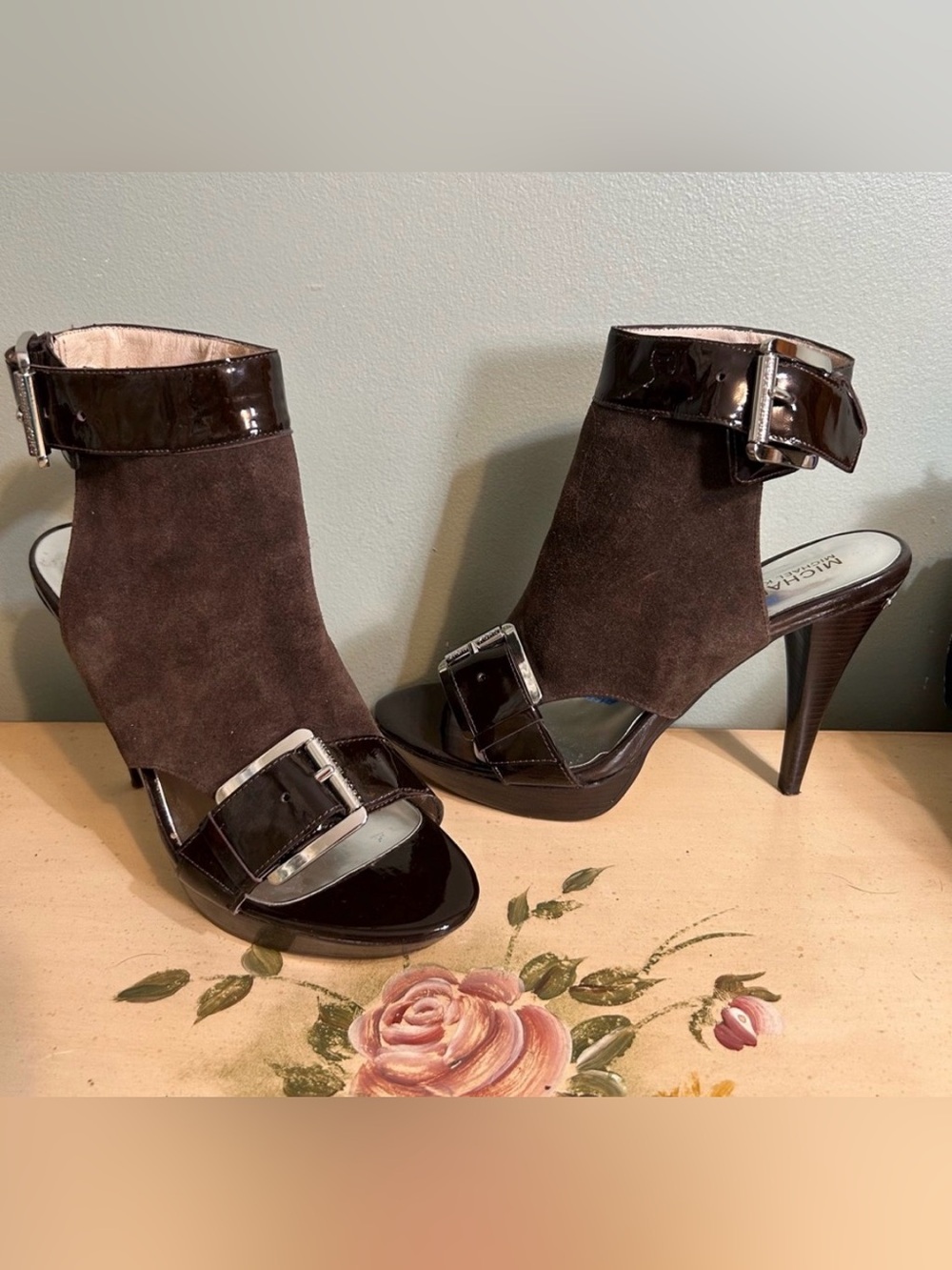 Michael Kors Brown Suede Patent Leather Front Buckle Open Back Heel Ankle Bootie